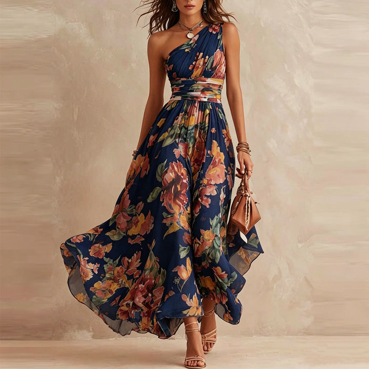 June™ One-Shoulder Floral Maxi Dress in navy floral, front view