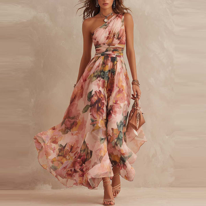 June™ One-Shoulder Floral Maxi Dress in pink floral, front view