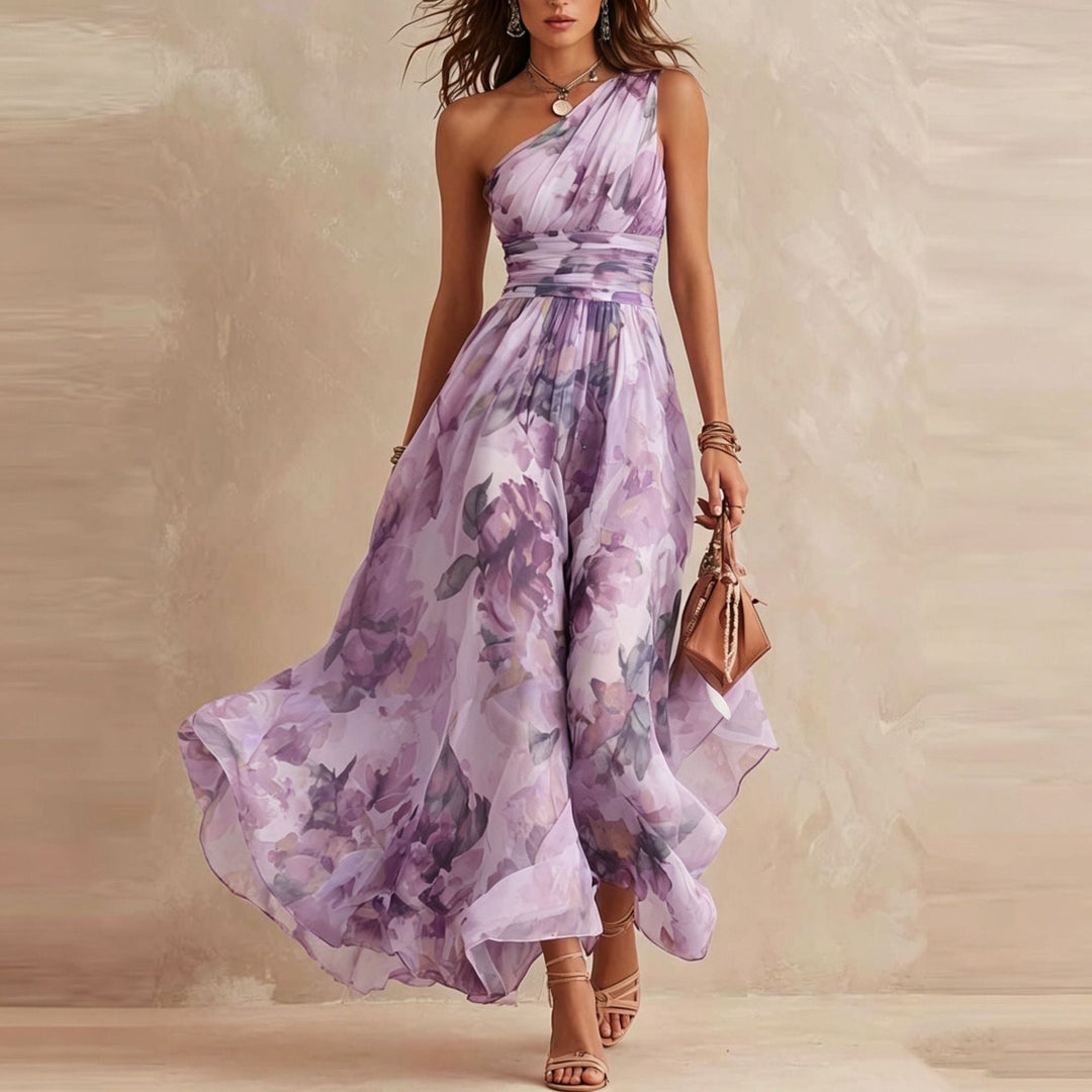 June™ One-Shoulder Floral Maxi Dress in purple floral, front view