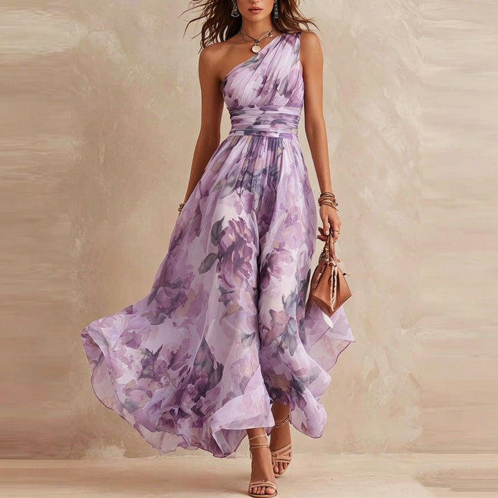 June™ One-Shoulder Floral Maxi Dress in purple floral, front view