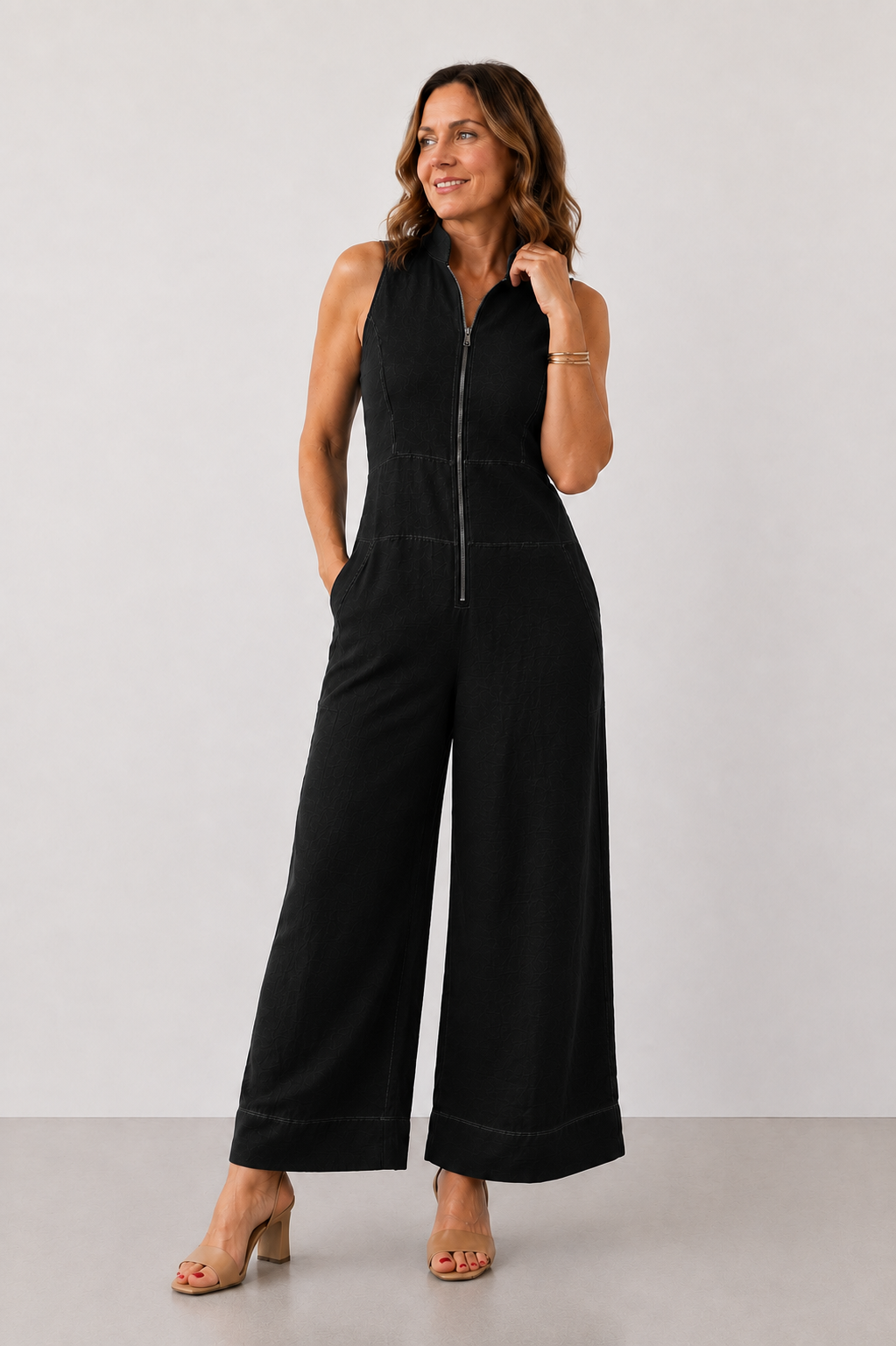 Lavinia™ Zip-Front Wide-Leg Jumpsuit in black, front view