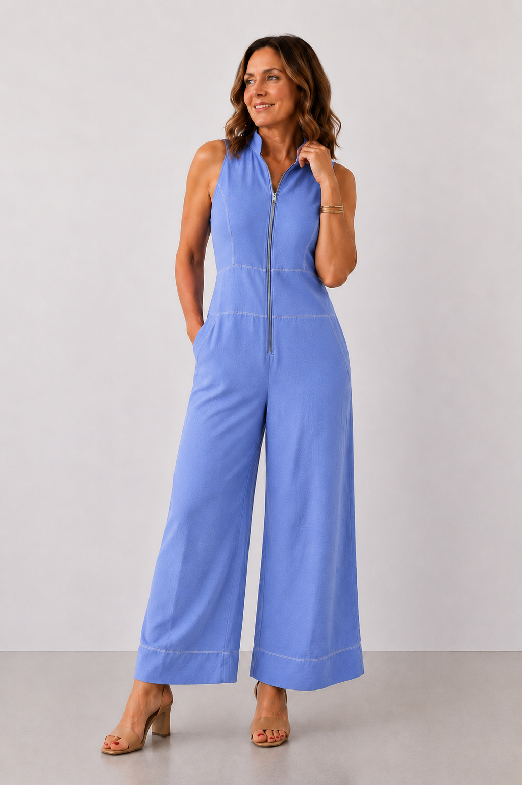 Lavinia™ Zip-Front Wide-Leg Jumpsuit in blue, front view