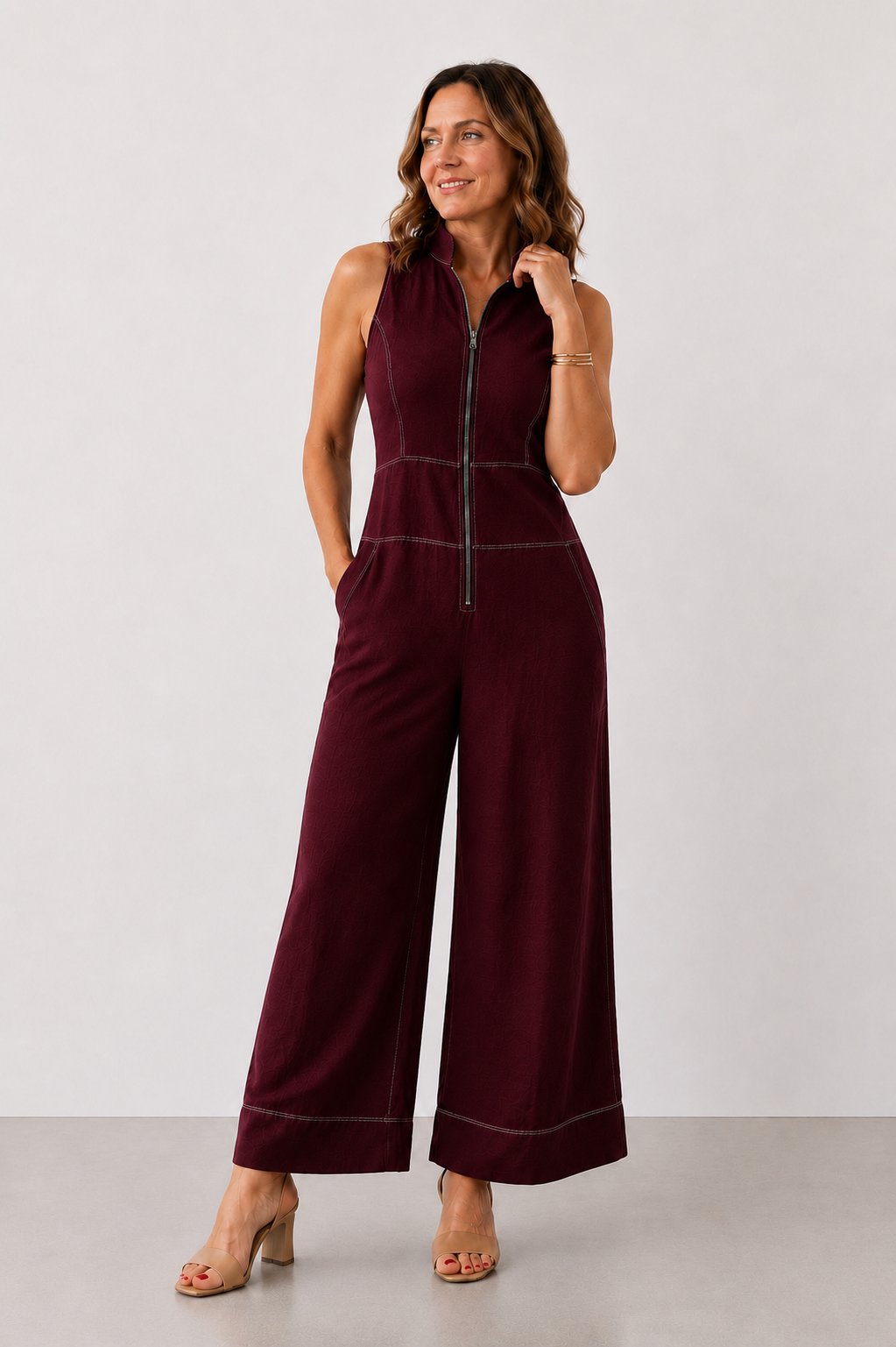 Lavinia™ Zip-Front Wide-Leg Jumpsuit in burgundy, front view
