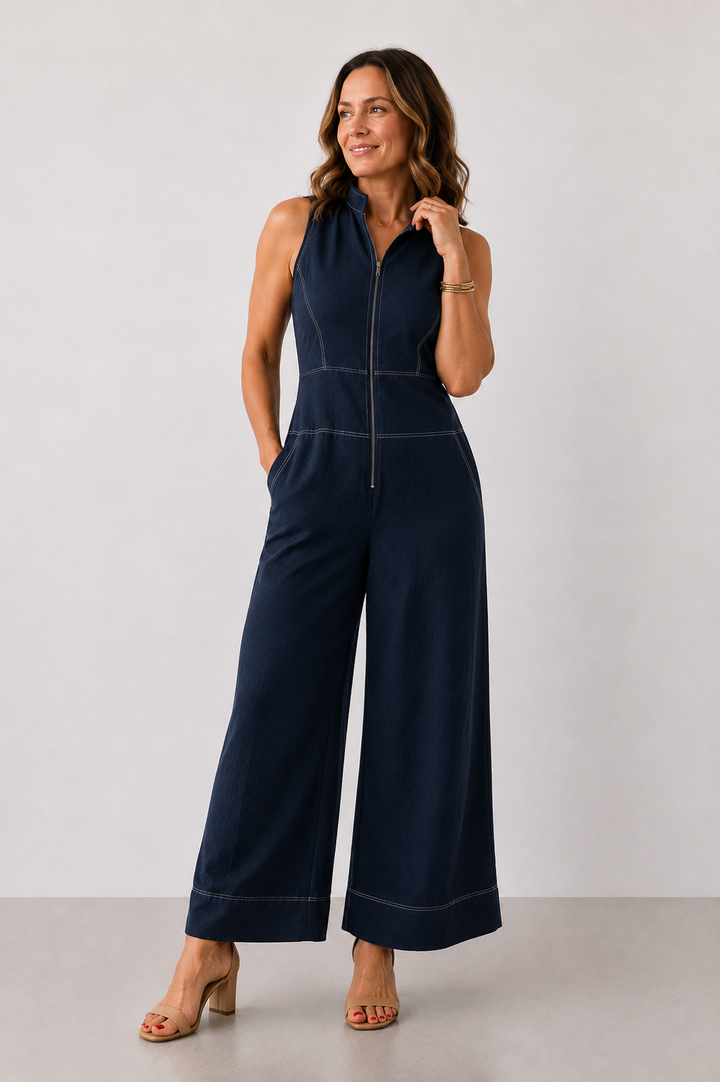Lavinia™ Zip-Front Wide-Leg Jumpsuit in navy, front view