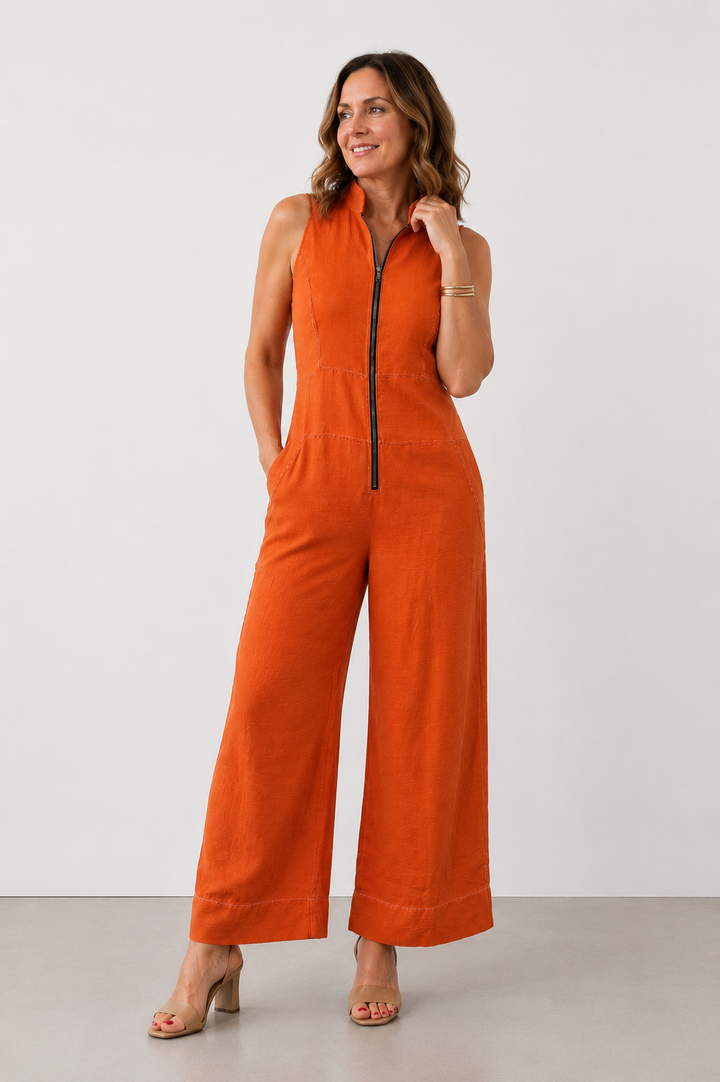 Lavinia™ Zip-Front Wide-Leg Jumpsuit in orange, front view