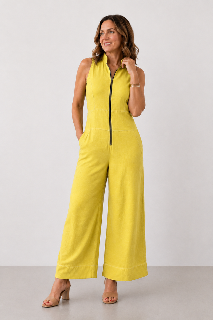 Lavinia™ Zip-Front Wide-Leg Jumpsuit in yellow, front view