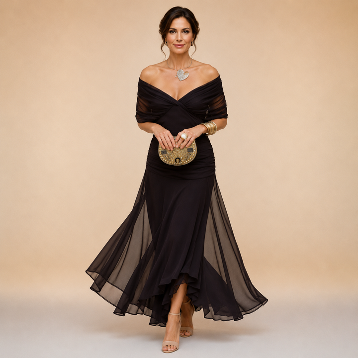 Madeline™ Draped Sleeve Evening Gown in brown, front view