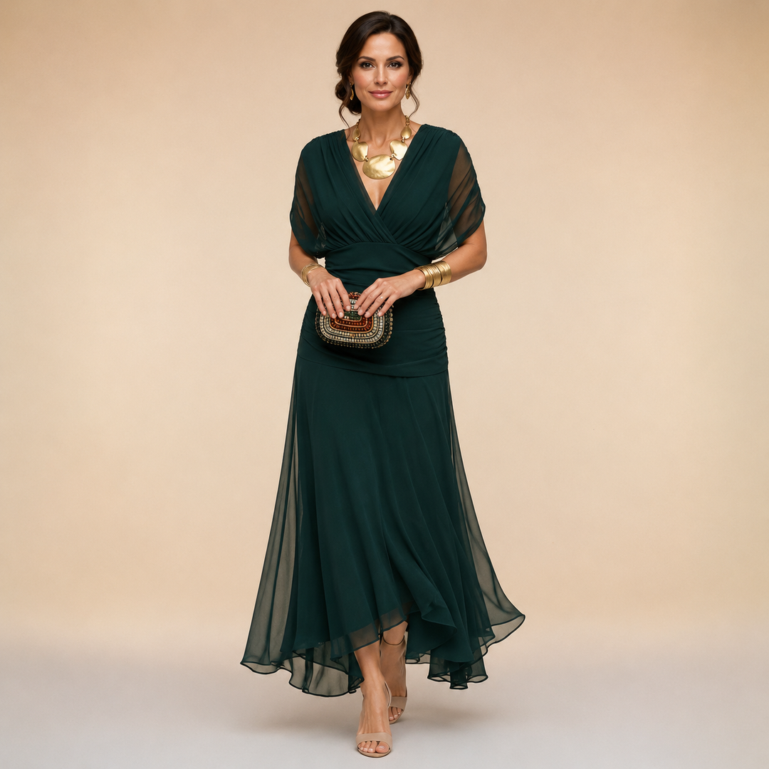 Madeline™ Draped Sleeve Evening Gown in dark green, front view