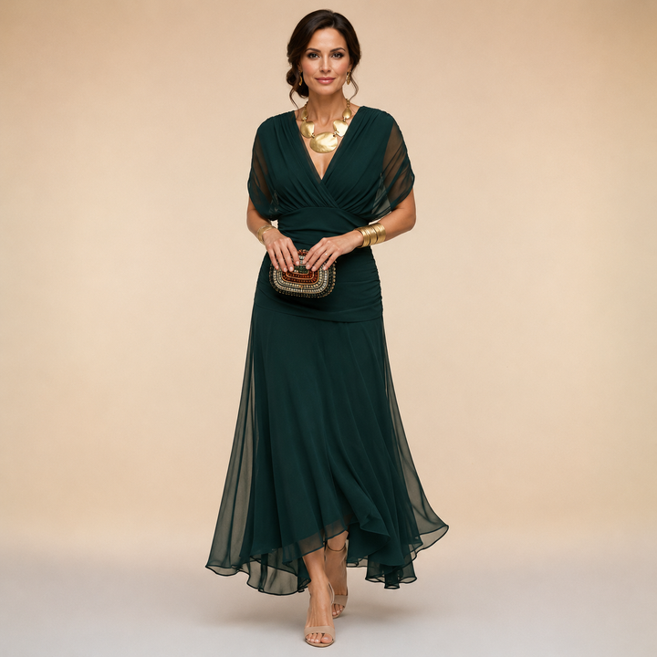 Madeline™ Draped Sleeve Evening Gown in dark green, front view