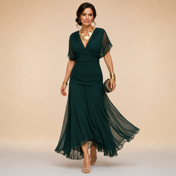 Madeline™ Draped Sleeve Evening Gown showing the draped sleeve