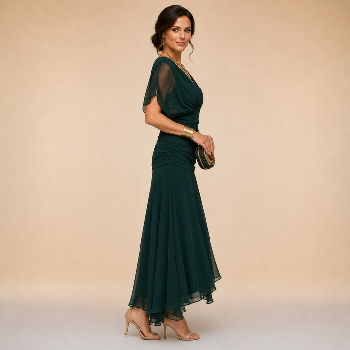 Madeline™ Draped Sleeve Evening Gown showing the crossover neckline