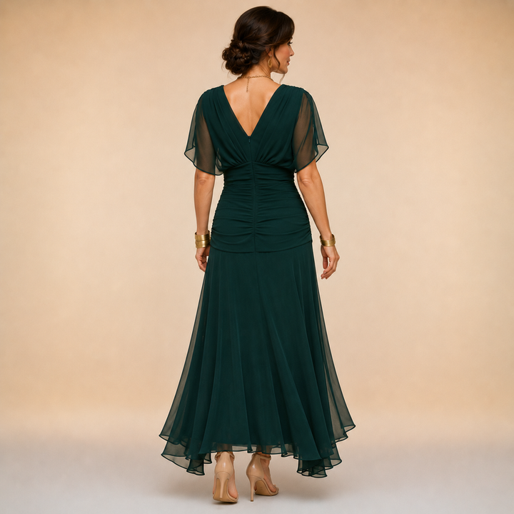 Madeline™ Draped Sleeve Evening Gown showing the ruched waist