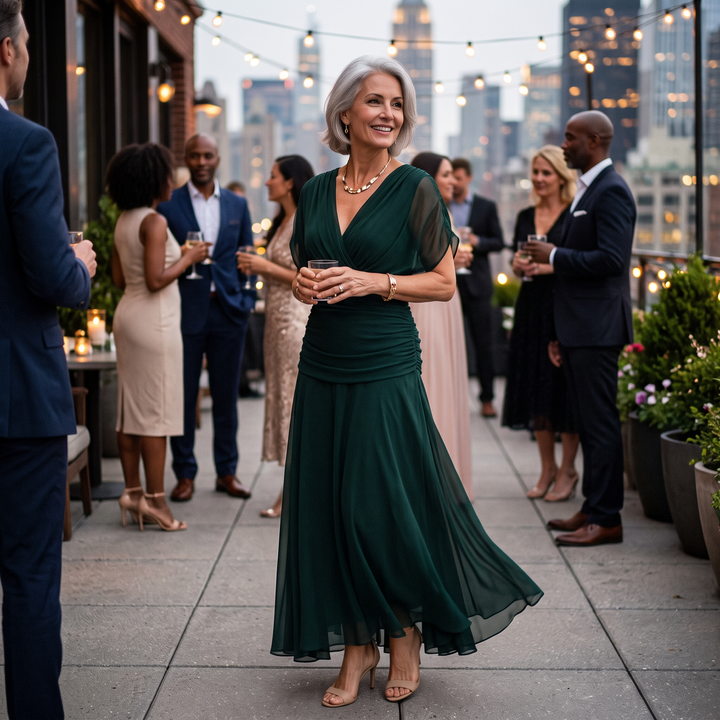Madeline™ Draped Sleeve Evening Gown, styled view