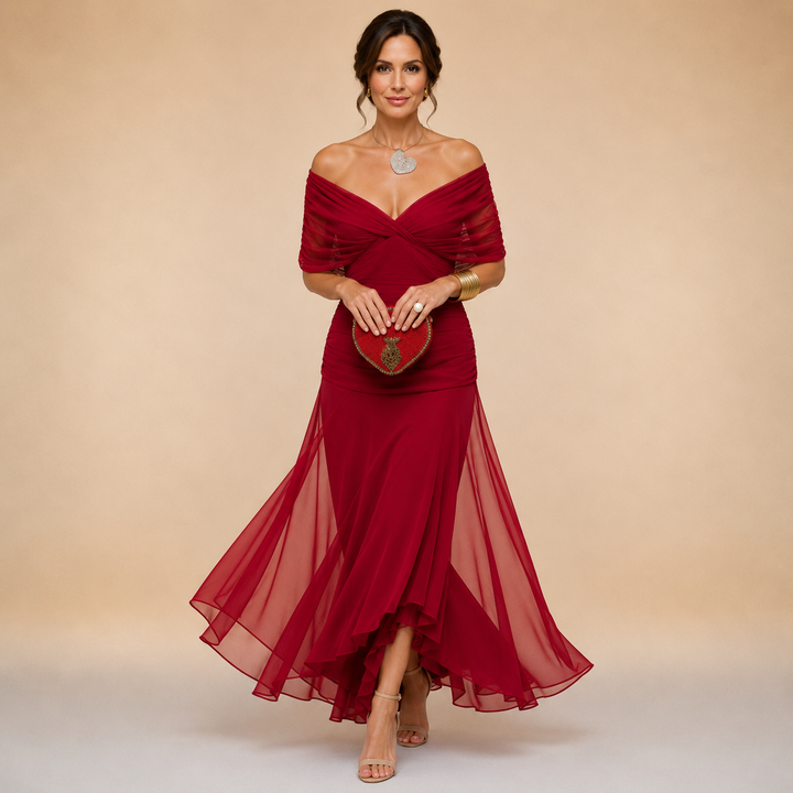 Madeline™ Draped Sleeve Evening Gown in venetian red, front view