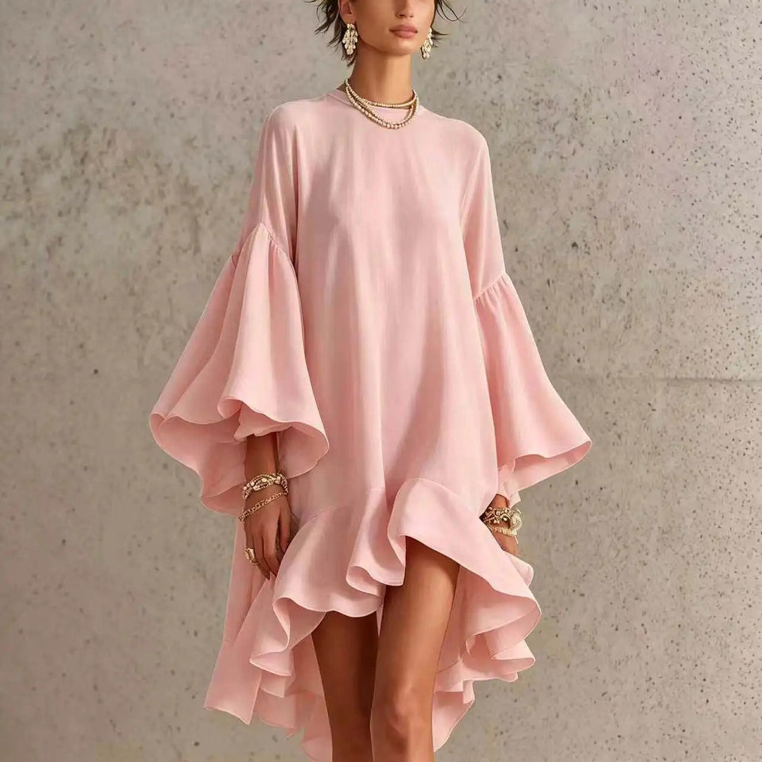 Carmen™ Flutter Sleeve Asymmetrical Dress, in Dusty Pink, full length