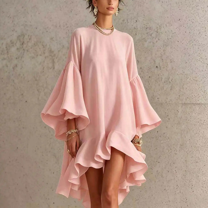 Carmen™ Flutter Sleeve Asymmetrical Dress, in Dusty Pink, full length