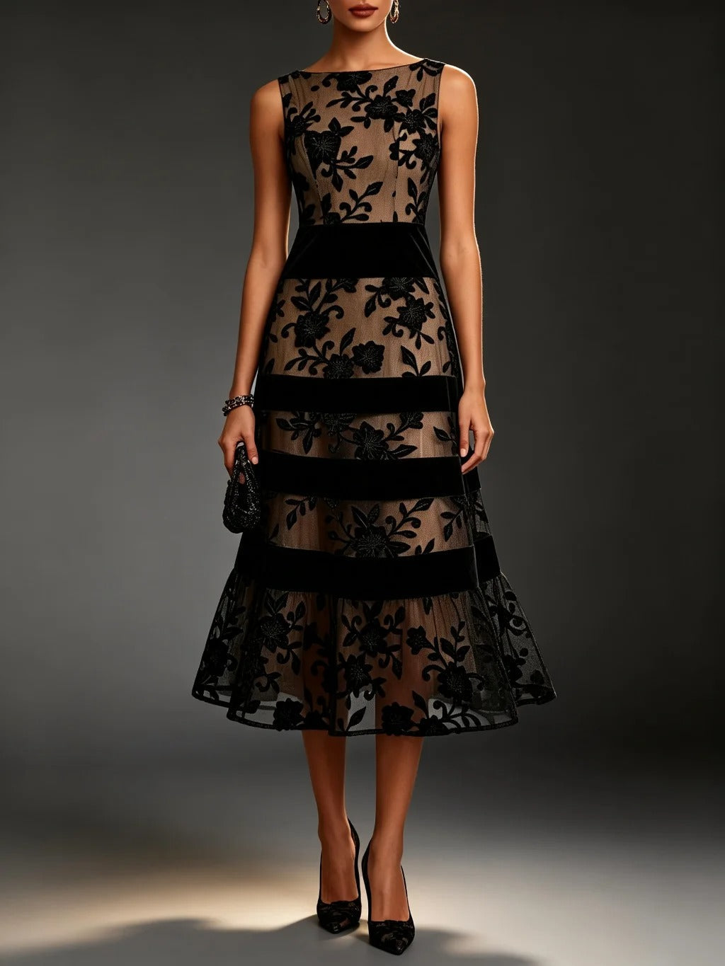 Dessie™ Floral Lace Tiered Midi Dress, floral lace panel detail