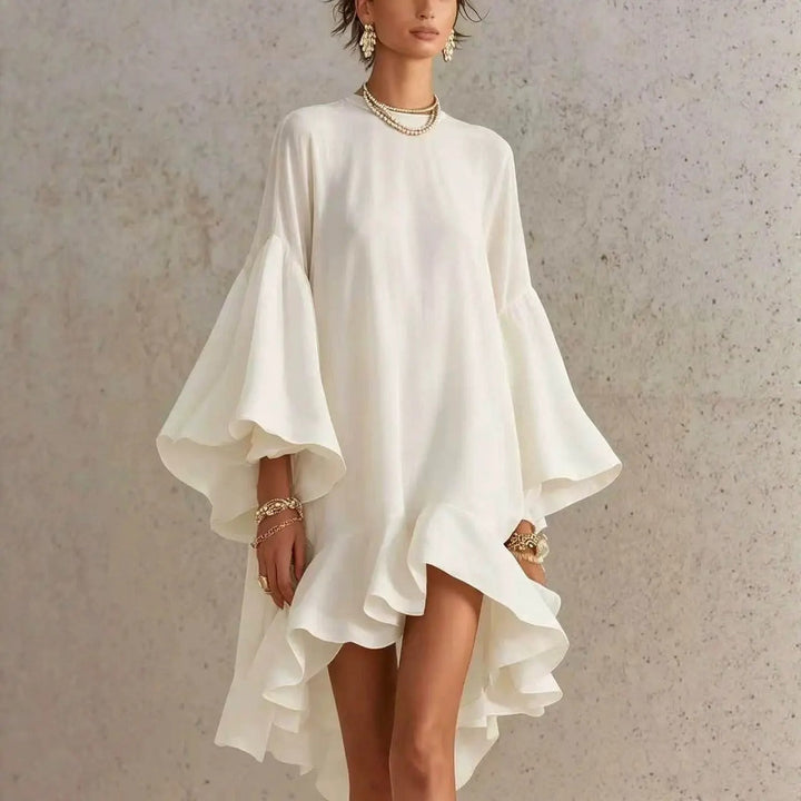 Carmen™ Flutter Sleeve Asymmetrical Dress, in White, full length