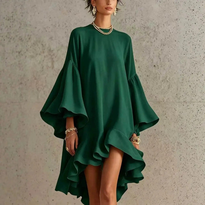 Carmen™ Flutter Sleeve Asymmetrical Dress, in Dark Green, full length