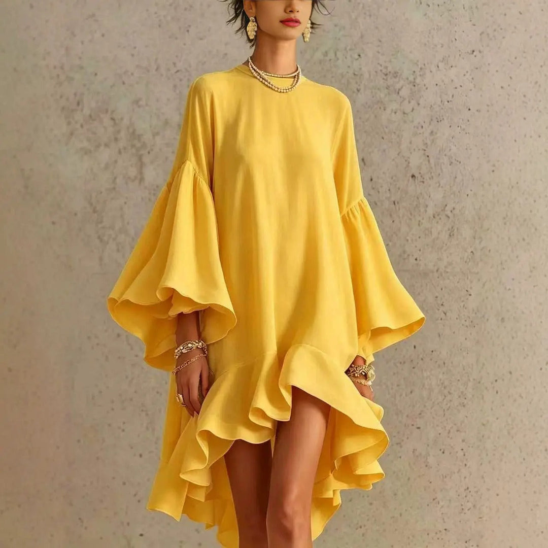Carmen™ Flutter Sleeve Asymmetrical Dress, in Yellow, full length