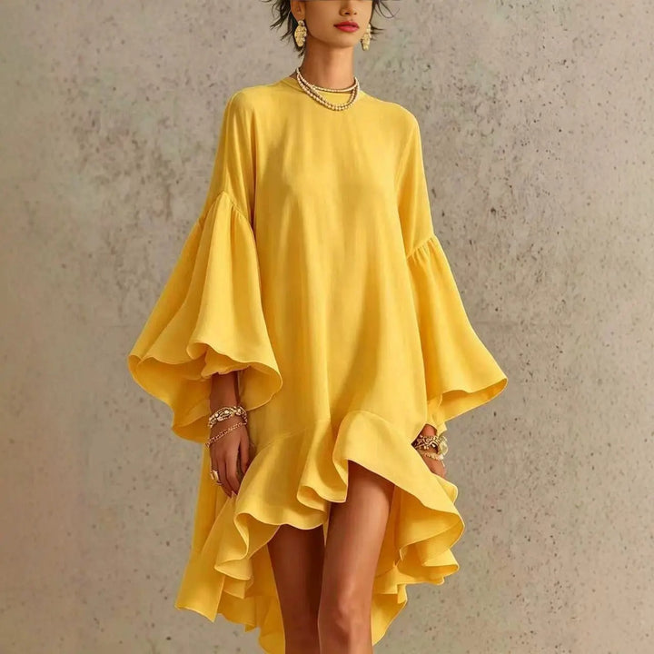 Carmen™ Flutter Sleeve Asymmetrical Dress, in Yellow, full length