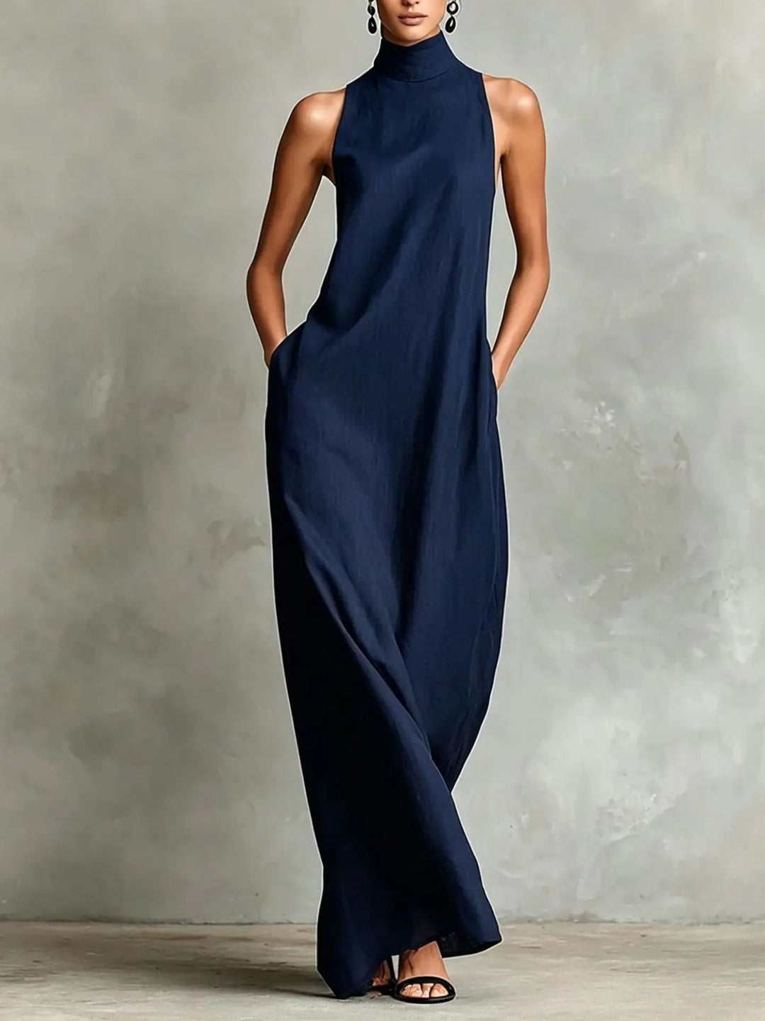 Ardith™ High Neck Sleeveless Maxi Dress, in Navy Blue, full length