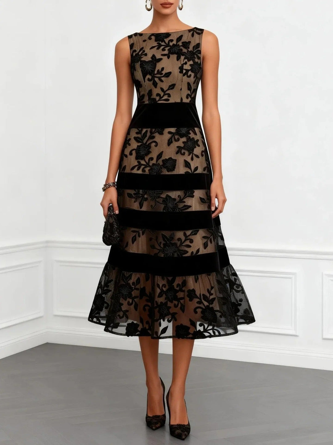 Dessie™ Floral Lace Tiered Midi Dress, in Black, full length