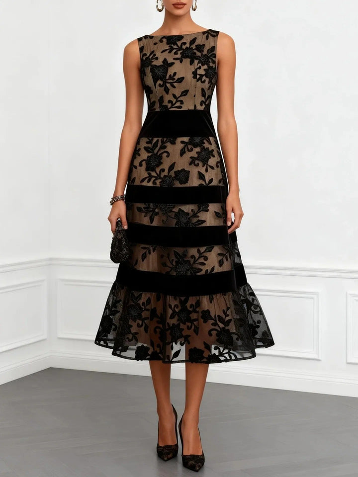 Dessie™ Floral Lace Tiered Midi Dress, in Black, full length