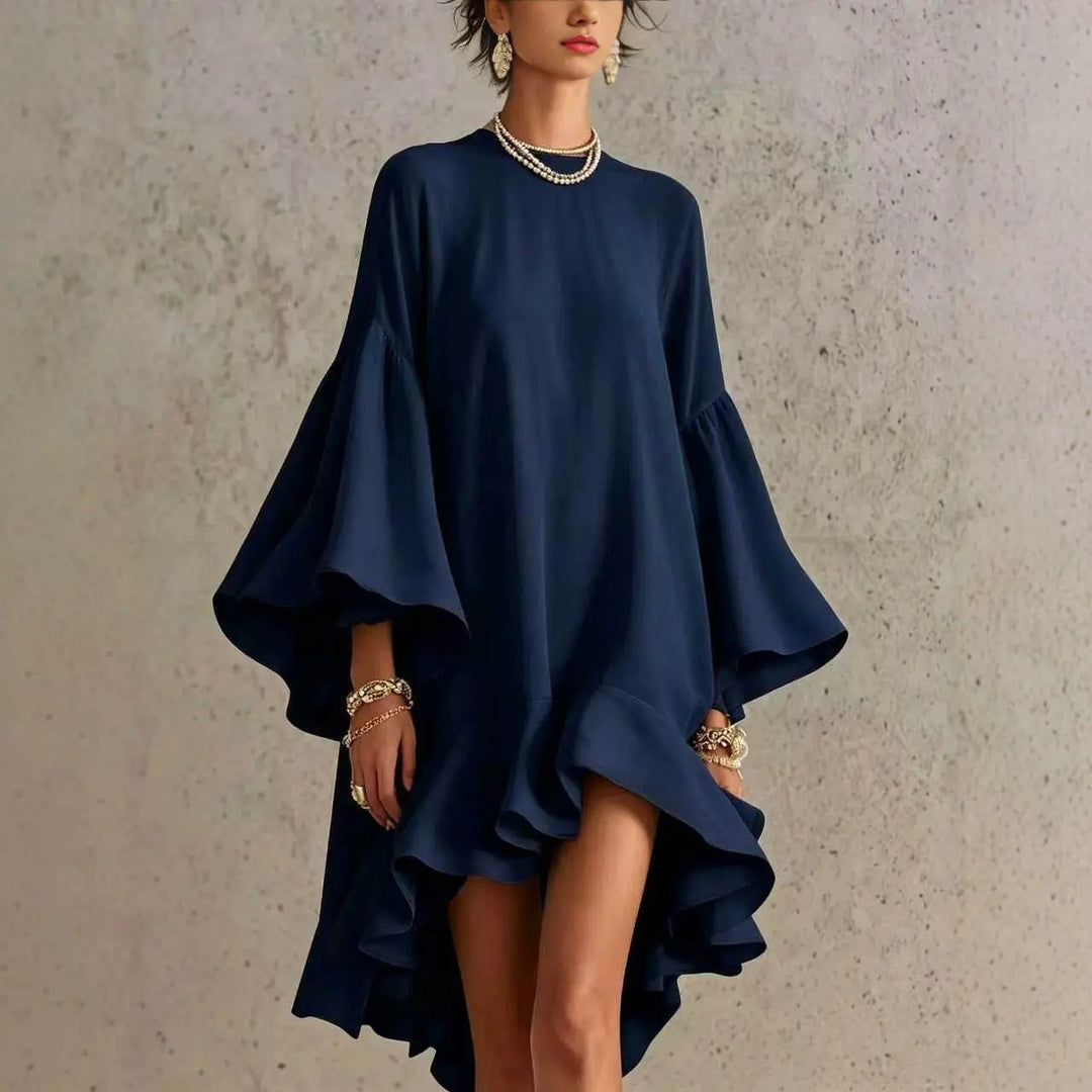 Carmen™ Flutter Sleeve Asymmetrical Dress, in Navy Blue, full length