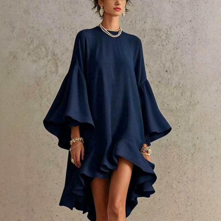 Carmen™ Flutter Sleeve Asymmetrical Dress, in Navy Blue, full length