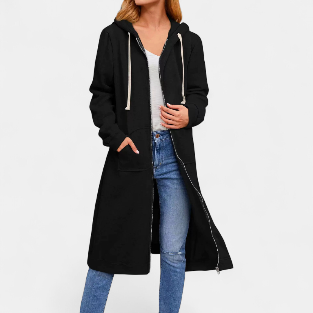 Marion™ Hooded Longline Cardigan in black, front view
