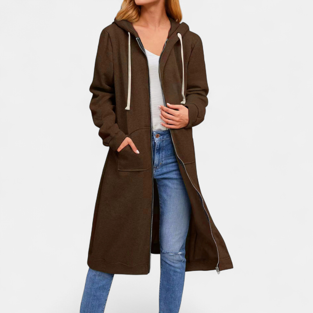 Marion™ Hooded Longline Cardigan in brown, front view