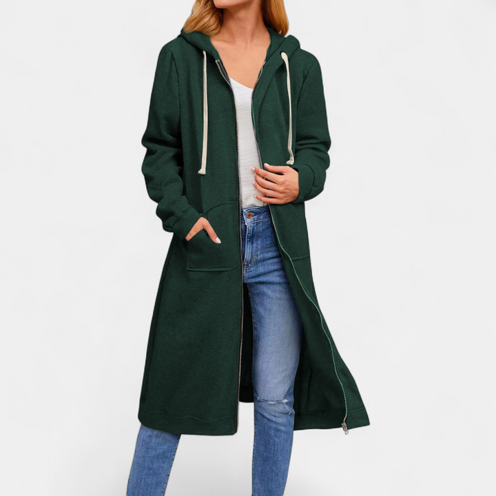 Marion™ Hooded Longline Cardigan in dark green, front view