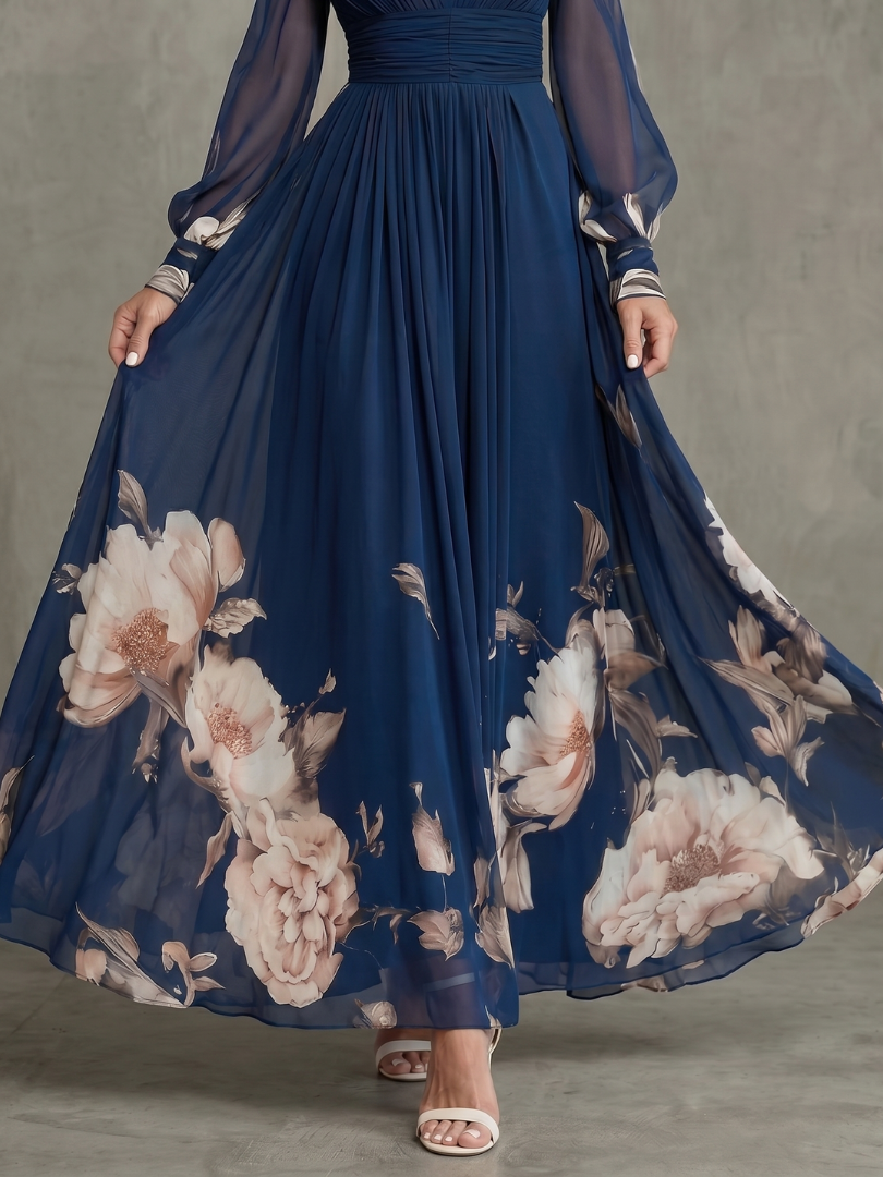 Maude™ Floral Hem Sheer Sleeve Maxi Dress showing the sheer sleeve