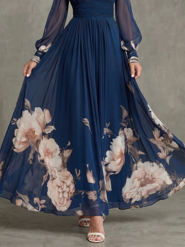 Maude™ Floral Hem Sheer Sleeve Maxi Dress showing the sheer sleeve