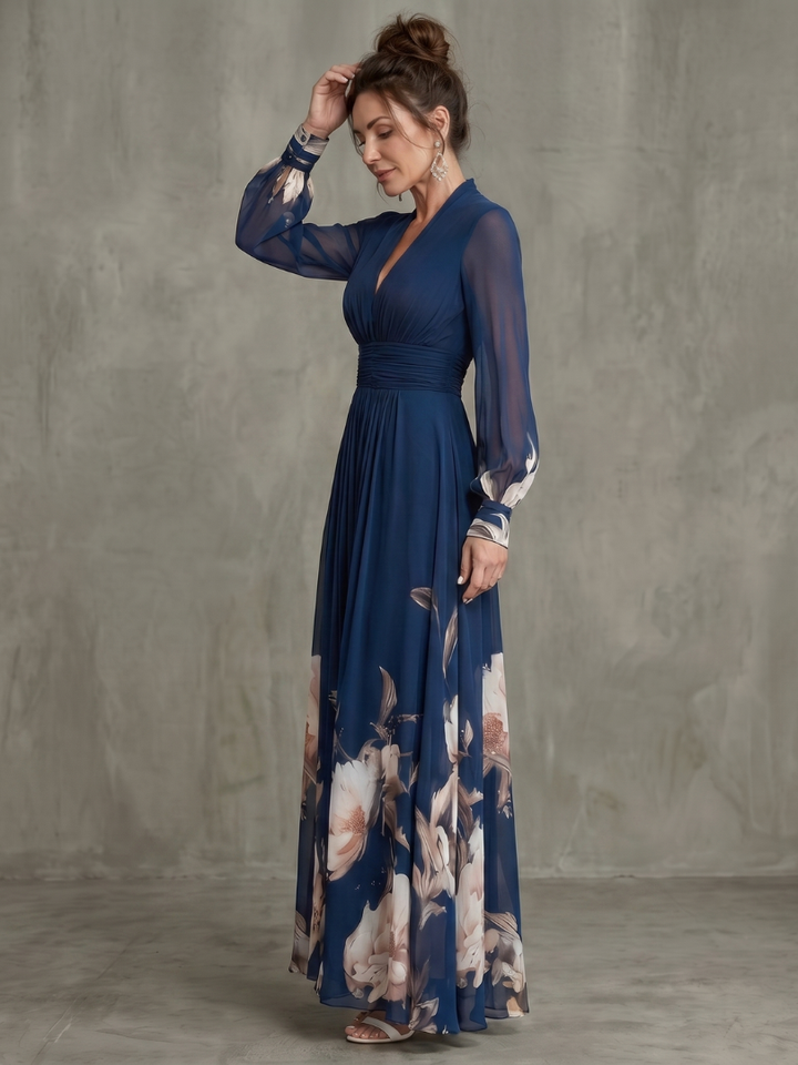 Maude™ Floral Hem Sheer Sleeve Maxi Dress showing the gathered waistband