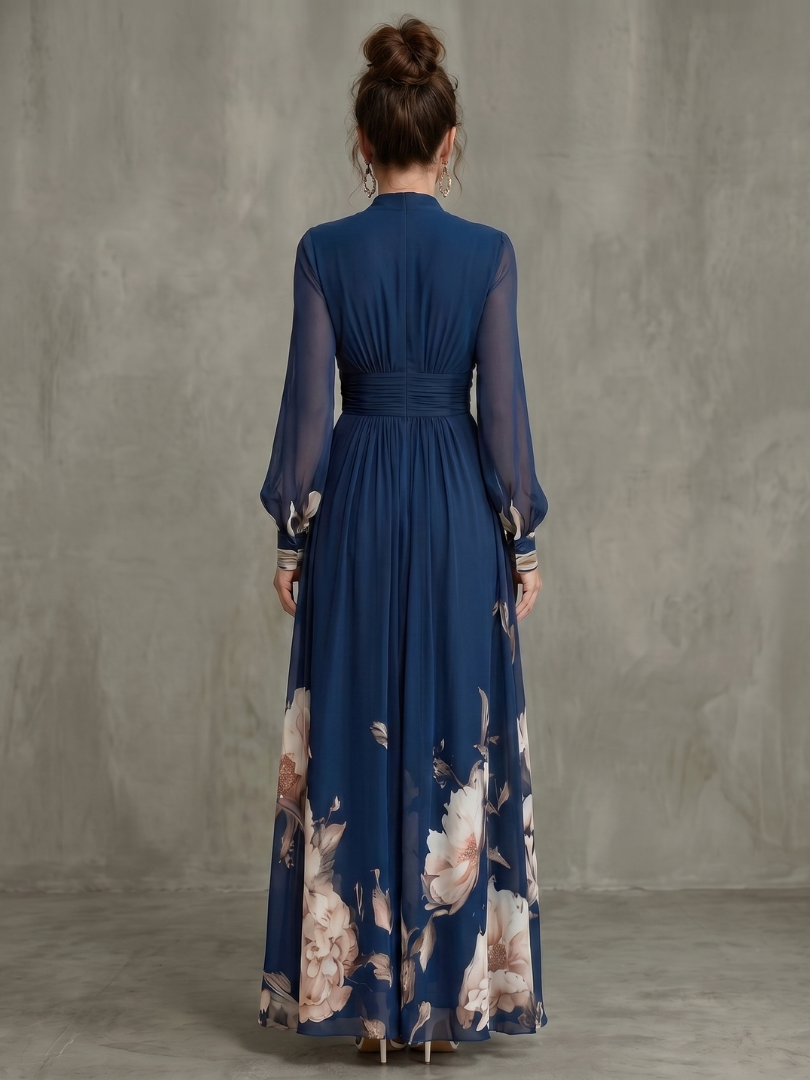 Maude™ Floral Hem Sheer Sleeve Maxi Dress showing the floral print on the skirt