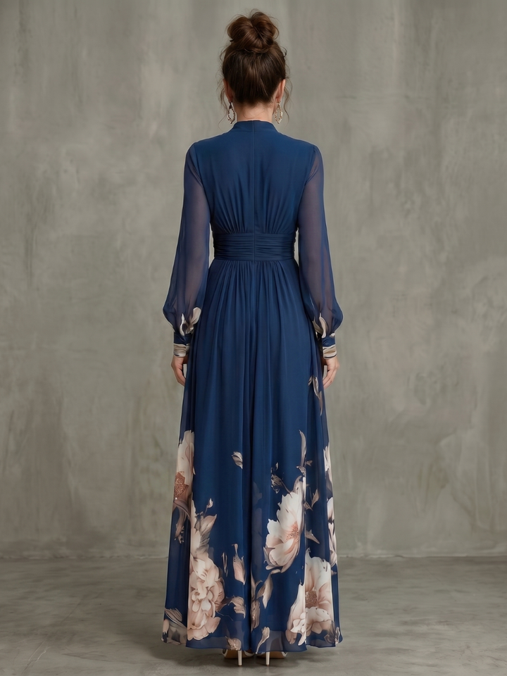 Maude™ Floral Hem Sheer Sleeve Maxi Dress showing the floral print on the skirt