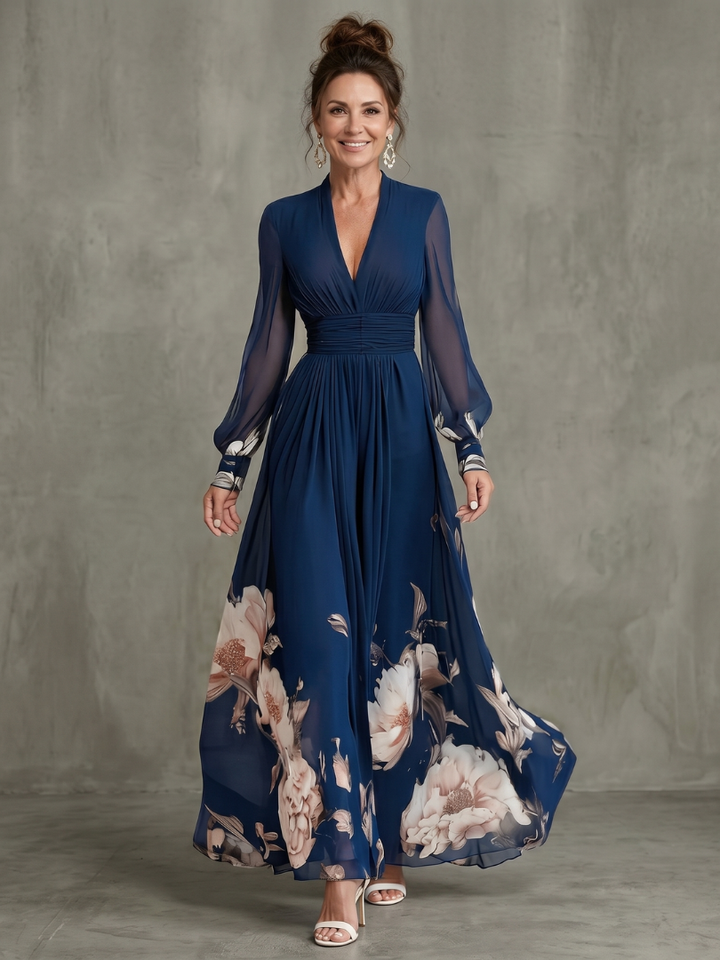 Maude™ Floral Hem Sheer Sleeve Maxi Dress in navy, front view