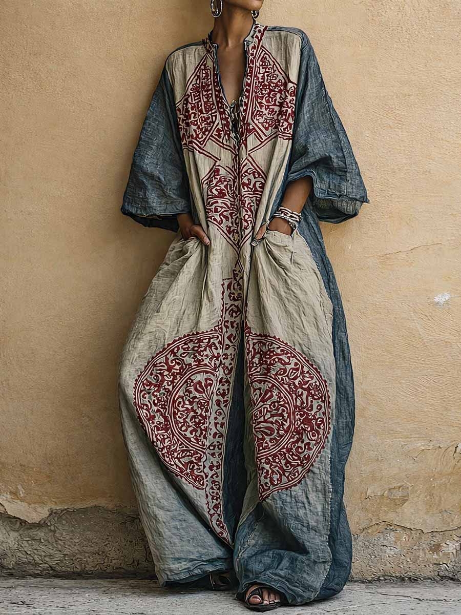 Agnes™ Vintage Print Wide-Leg Jumpsuit in burgundy, full length front view