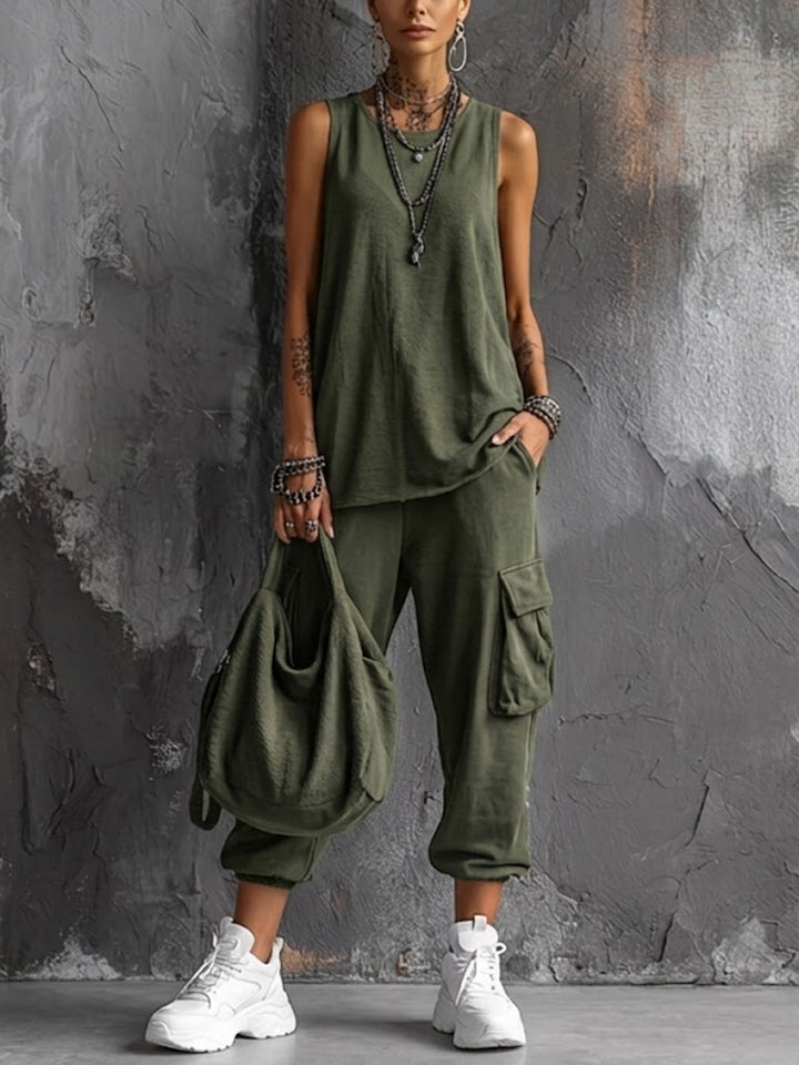 Joyce™ Cargo Pocket Two-Piece Set in olive, top and cropped cargo trousers