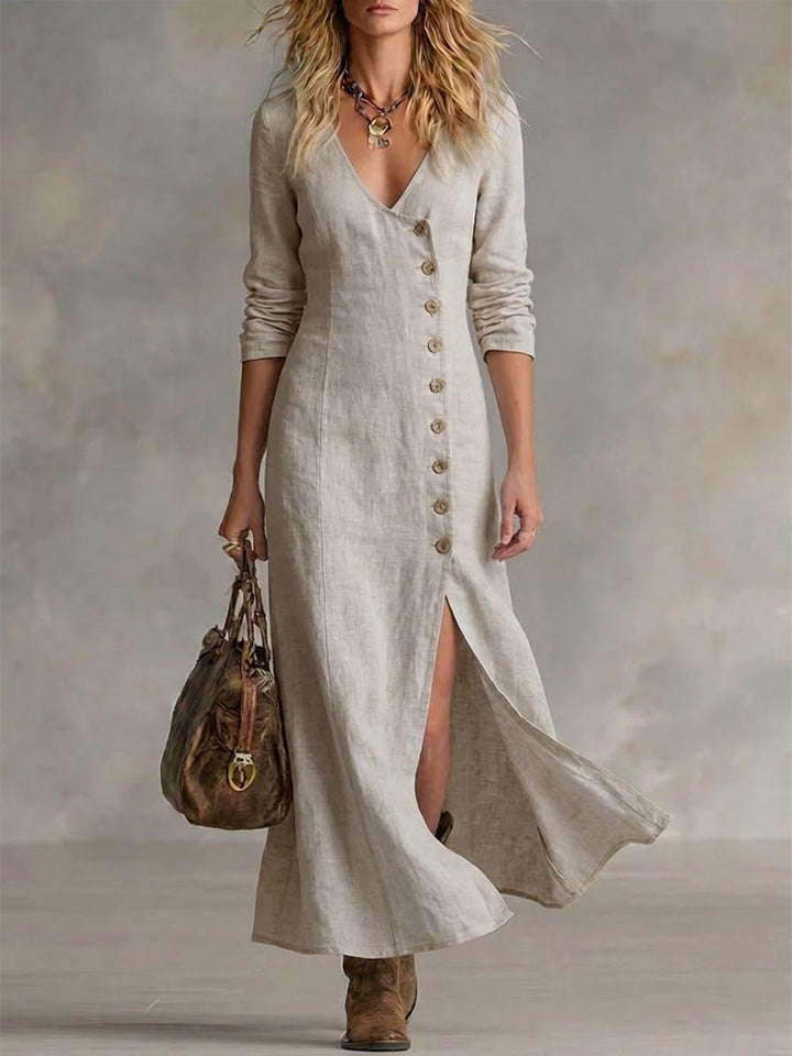 Doris button-front maxi dress, button detail