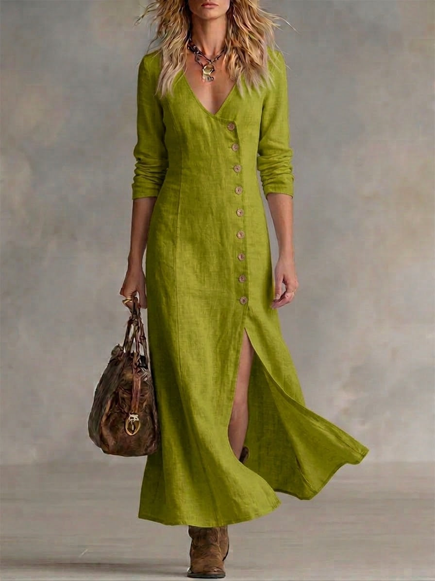 Doris button-front maxi dress, tailored waist
