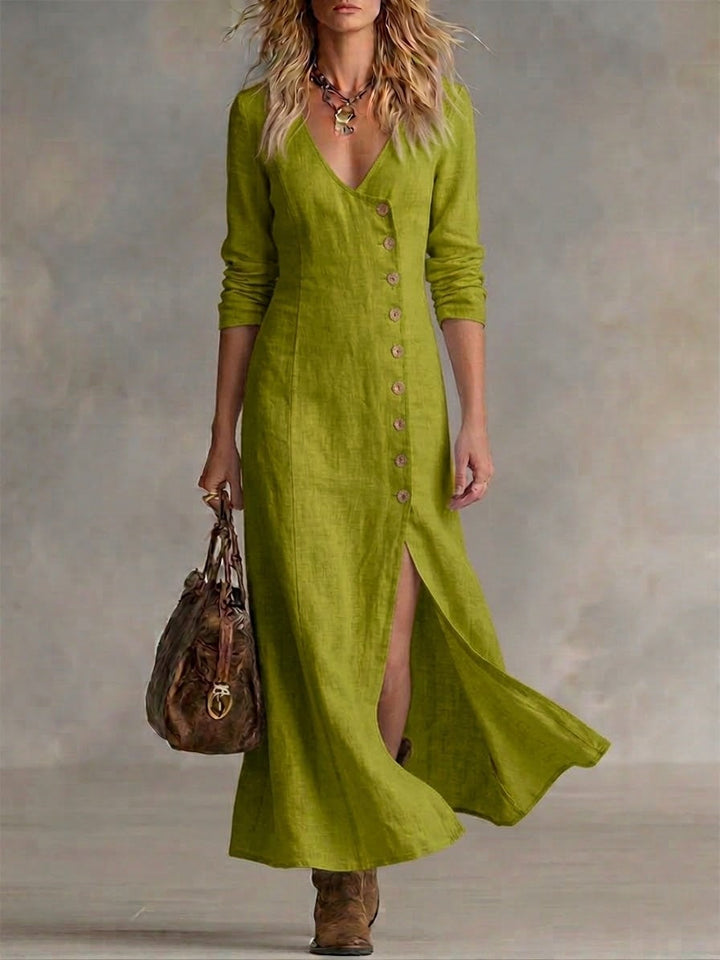 Doris button-front maxi dress, tailored waist