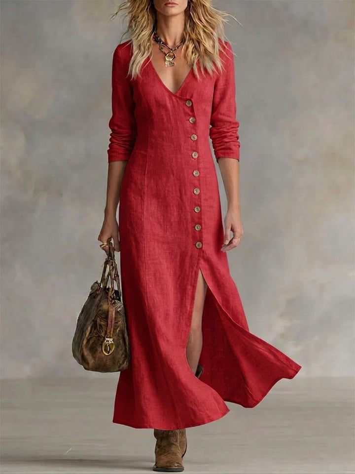 Doris button-front maxi dress, full length with side slit