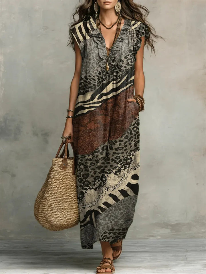 Shirley mixed print maxi dress, front view with V-neckline