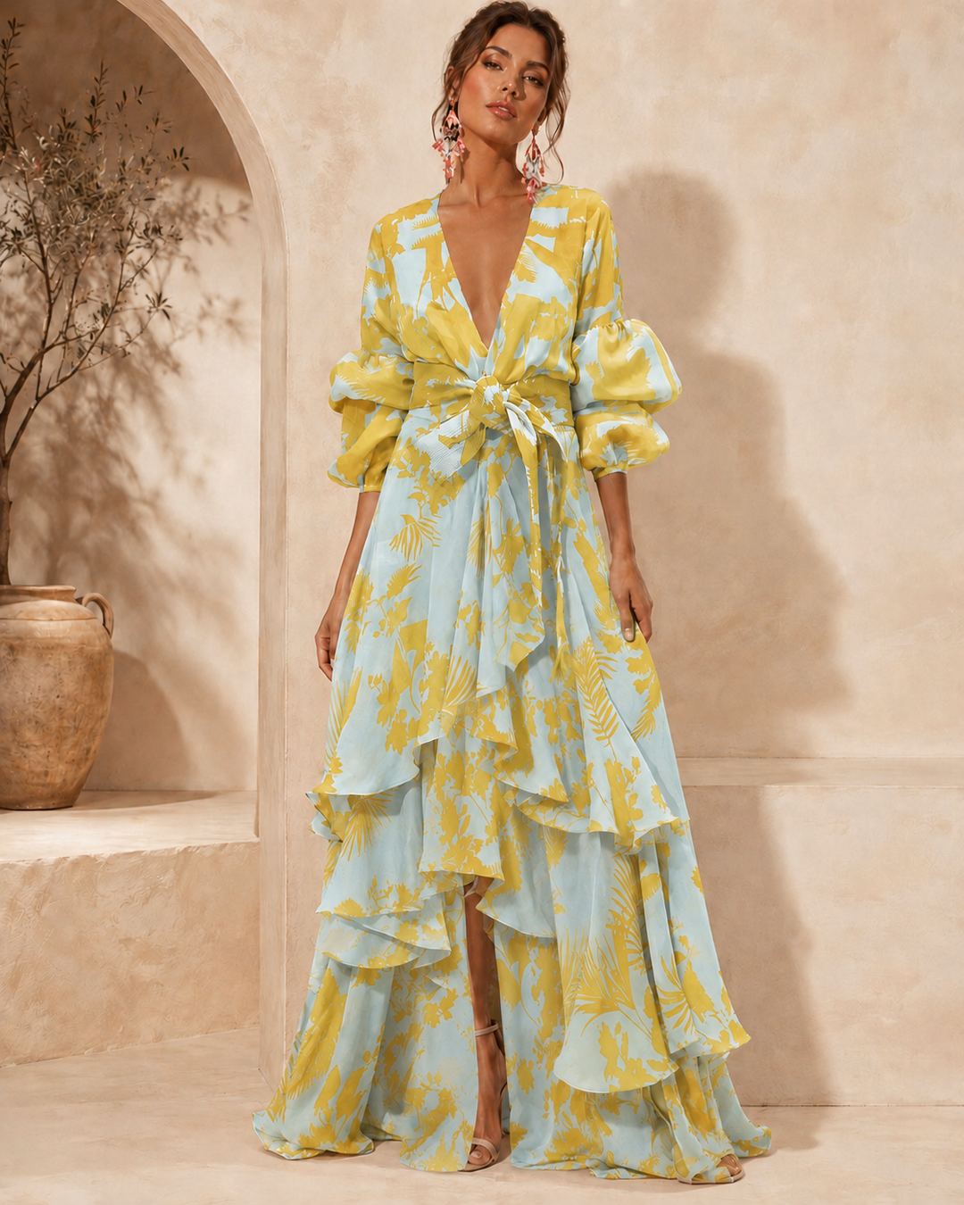 Constance™ Floral Tiered Maxi Dress with the bow belt tied at the waist