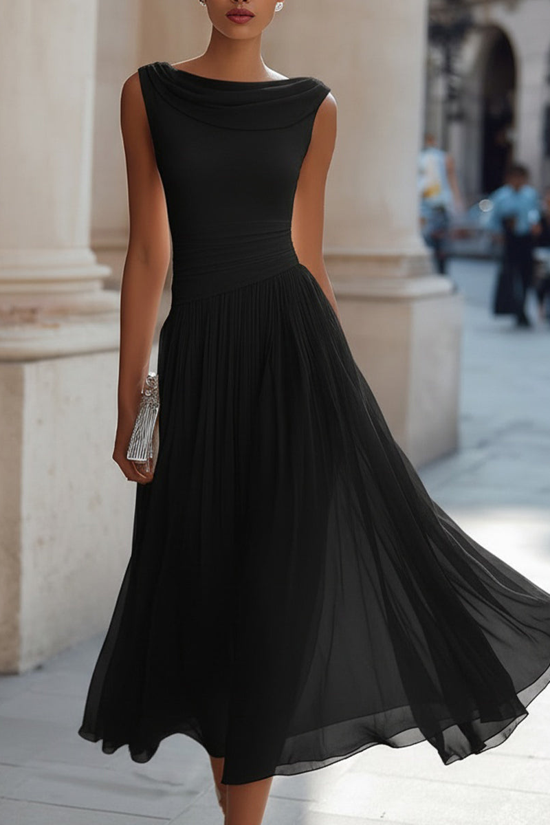 Simone™ Draped Neck Pleated Midi Dress in black, front view