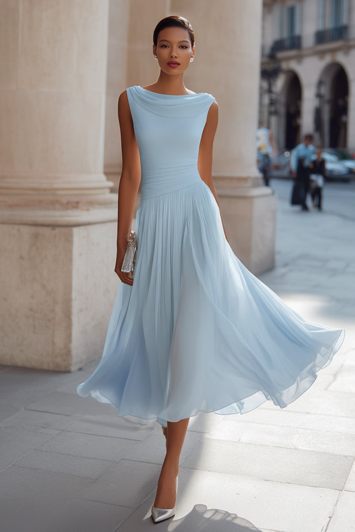 Simone™ Draped Neck Pleated Midi Dress in blue, front view
