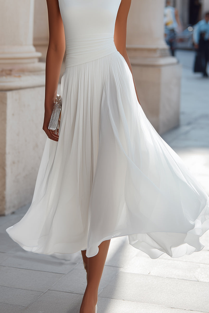 Simone™ Draped Neck Pleated Midi Dress showing the pleated skirt